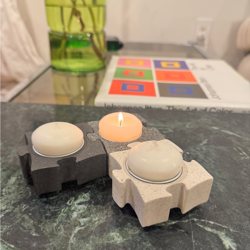 Vintage Stone puzzle piece Tealight Holders - Gray and Cream